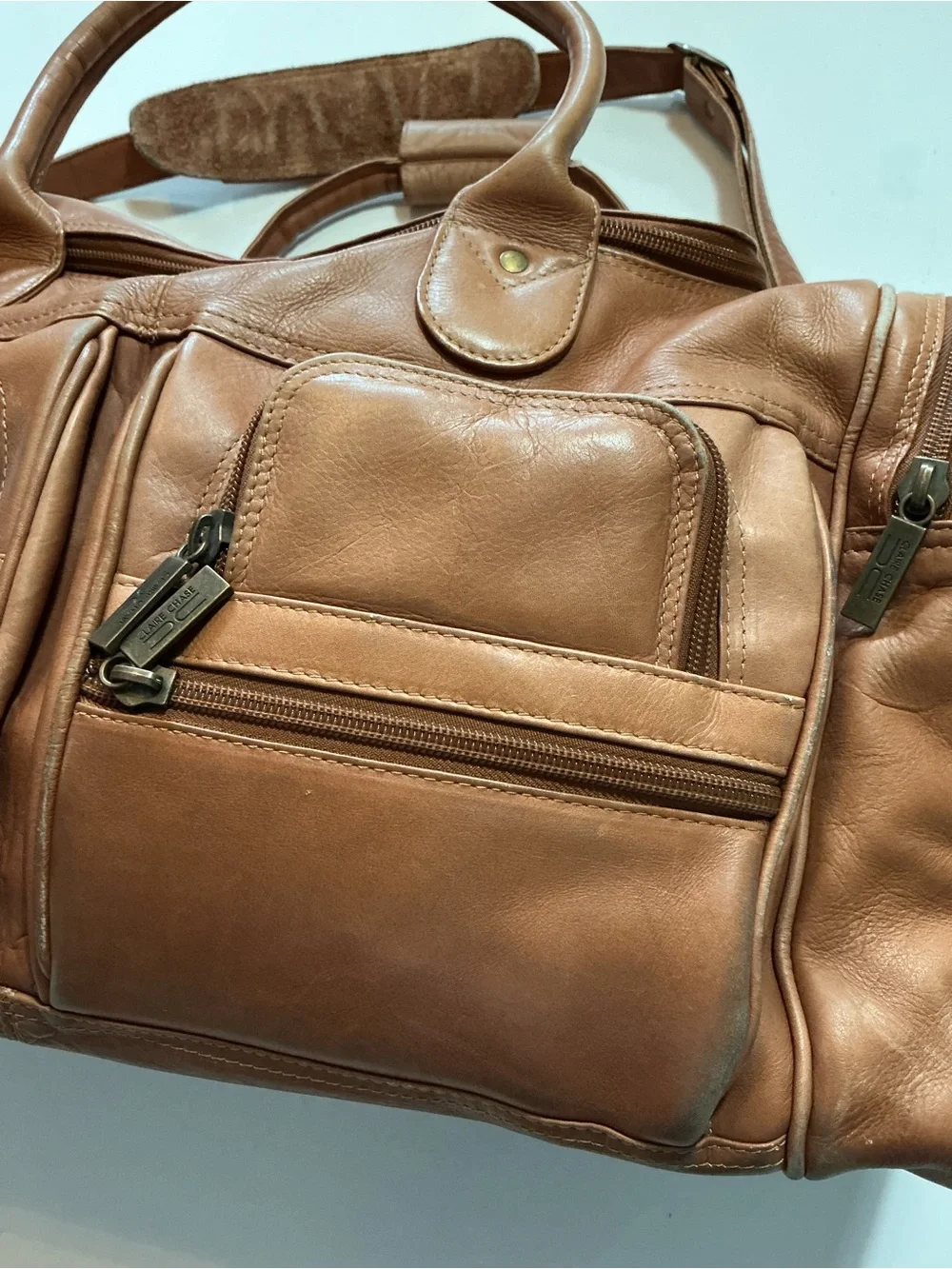 Claire Chase Columbia Leather Tan Brown Travel Duffel Weekender Luggage Bag
